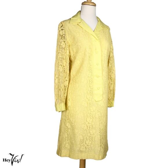 Vintage Yellow Lace Shirtwaist Mini Dress Lined Size ML B36 W 36 - Hey Viv - Picture 1 of 8